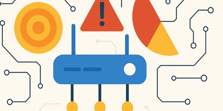 Abstract IoT security concept with router, warning icon, and connected circuits.