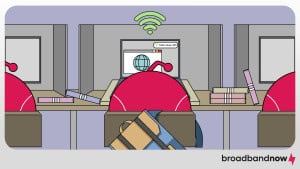 BroadbandNow mascots using laptops in a public area