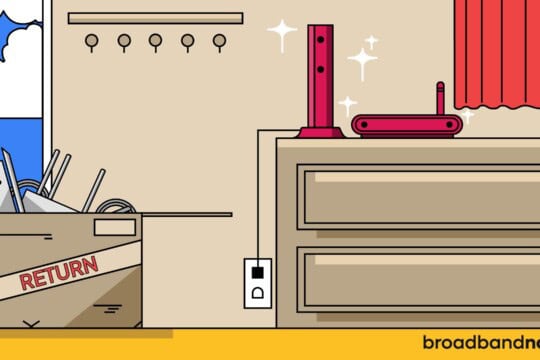 A graphic design image of a modem and router on top of a drawer and a box of old equipment in front of a door.